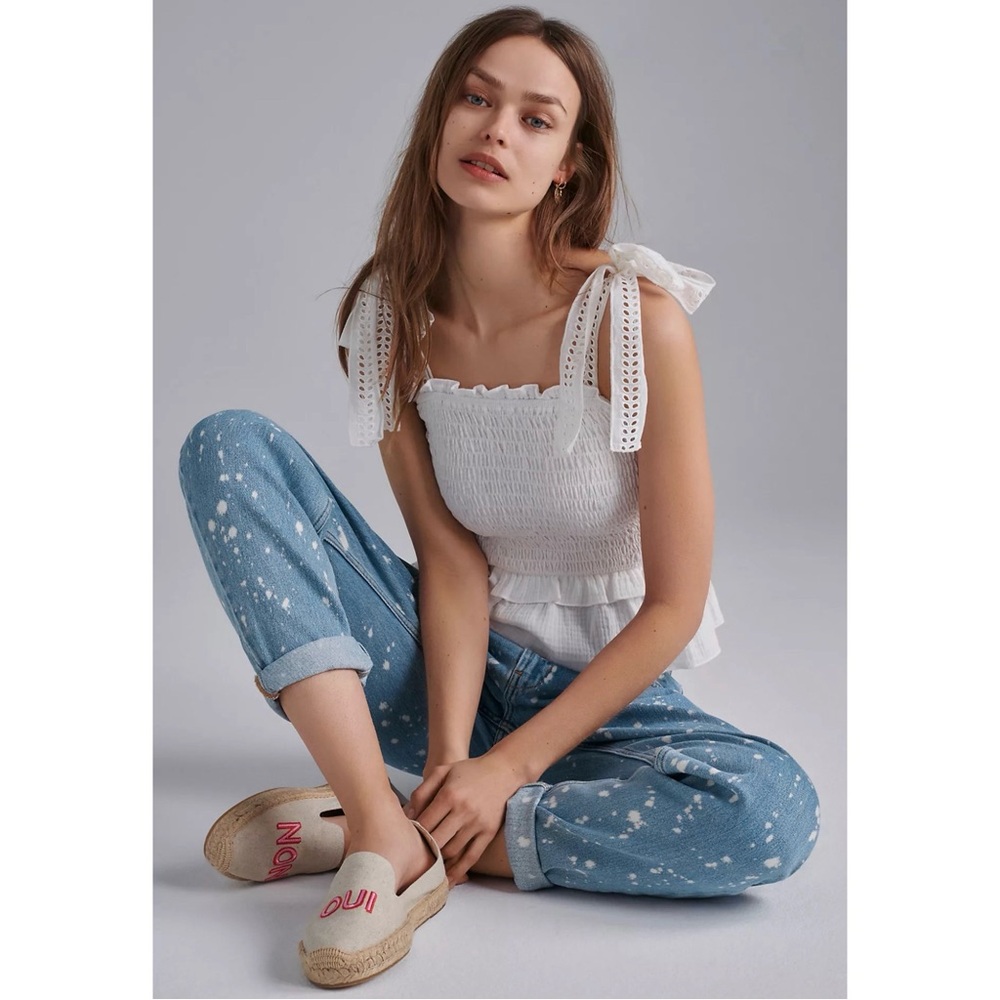 Anthropologie Stephanie Smocked Eyelet Tank With Bows NWT SZ L-XL